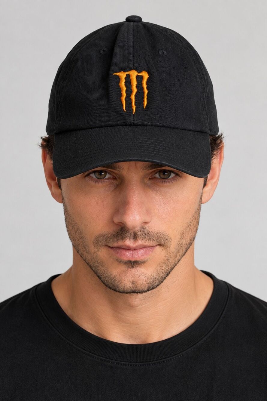 Rare Flexfit Khaos Black Baseball Cap L XL Orange Embroidered Logo Adjustable
